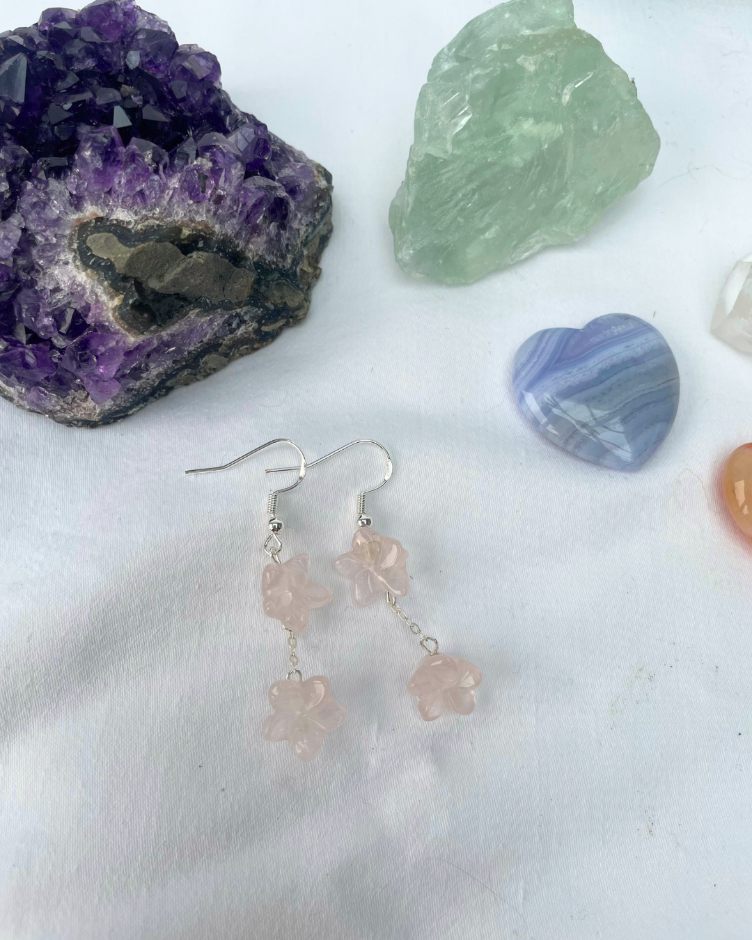 Rose Quartz Flower Dangly Earrings | Sterling Silver