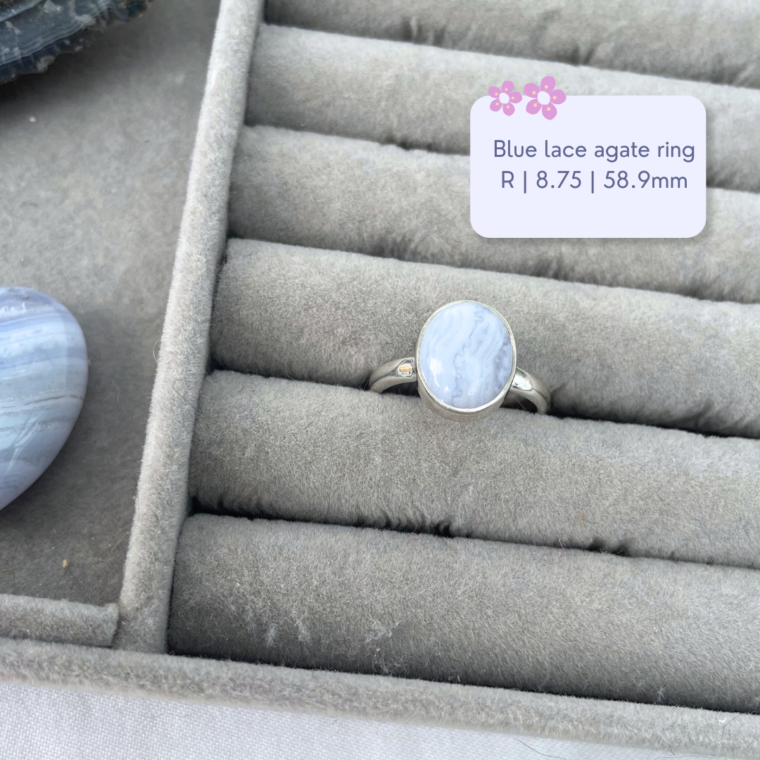 Blue Lace Agate Oval Sterling Silver Ring | R | 8.75 | 58.9mm