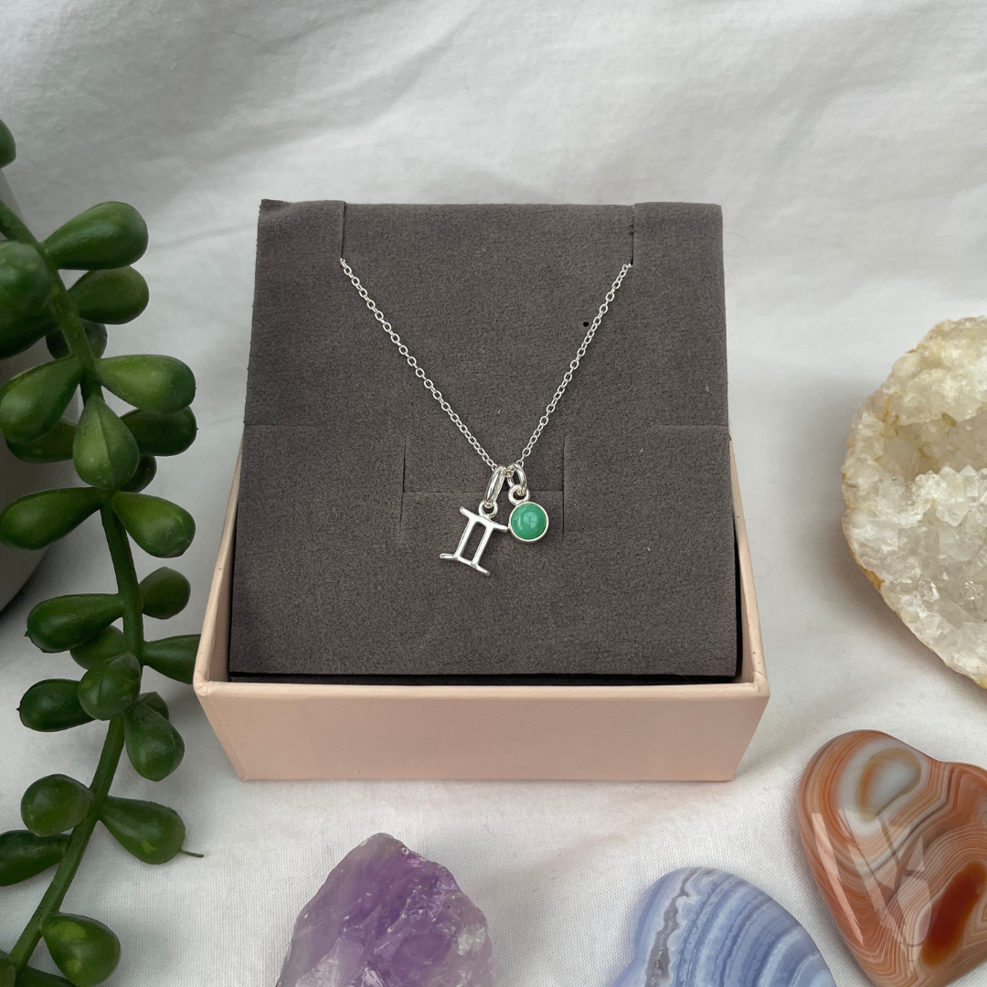 May Gemini Chrysoprase Necklace May Birthstone Zodiac Necklace Sterling Silver 18 Inch