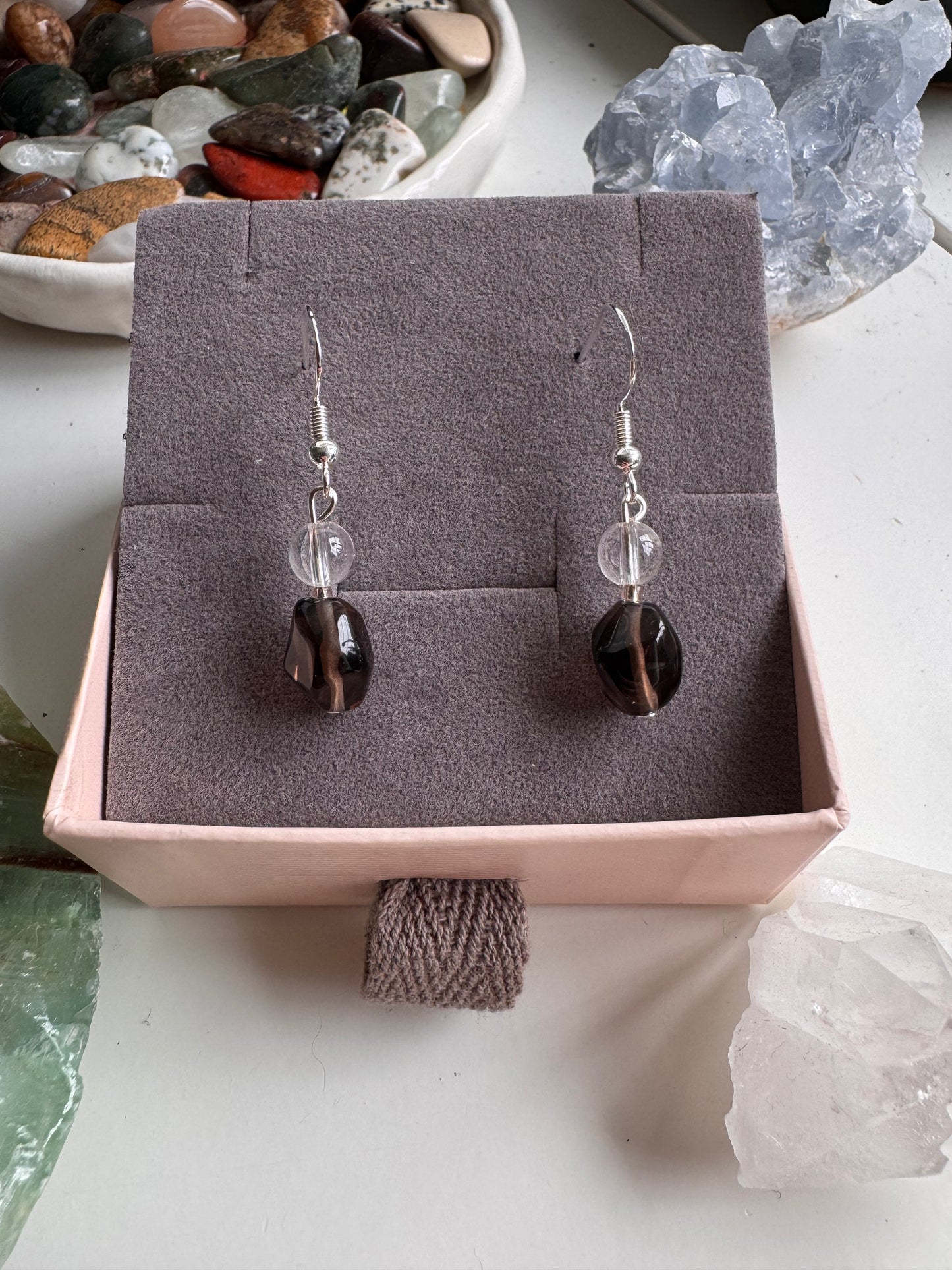 Smoky Quartz + Clear Quartz Earrings | Sterling Silver