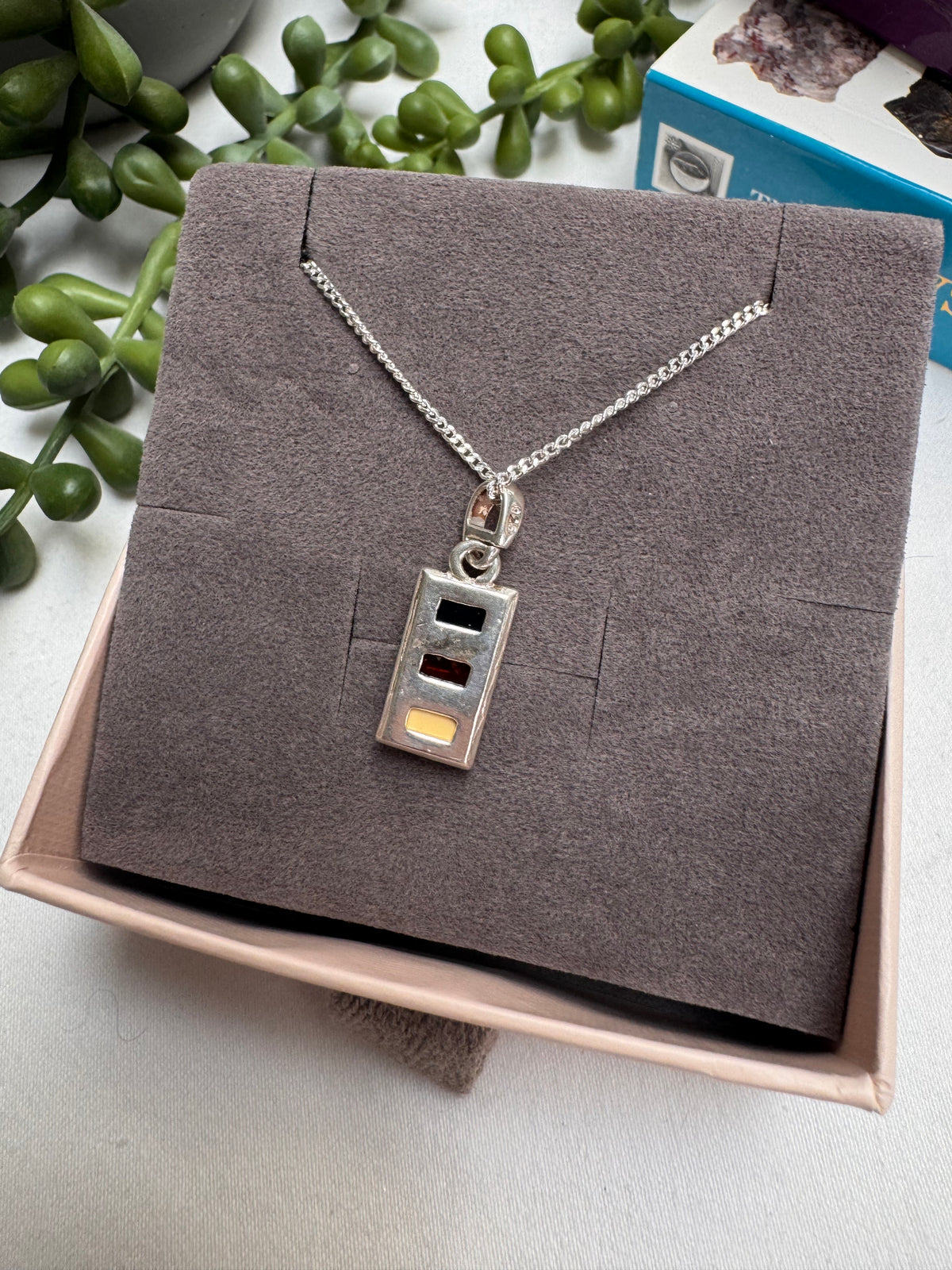 Amber Rectangle Sterling Silver Necklace