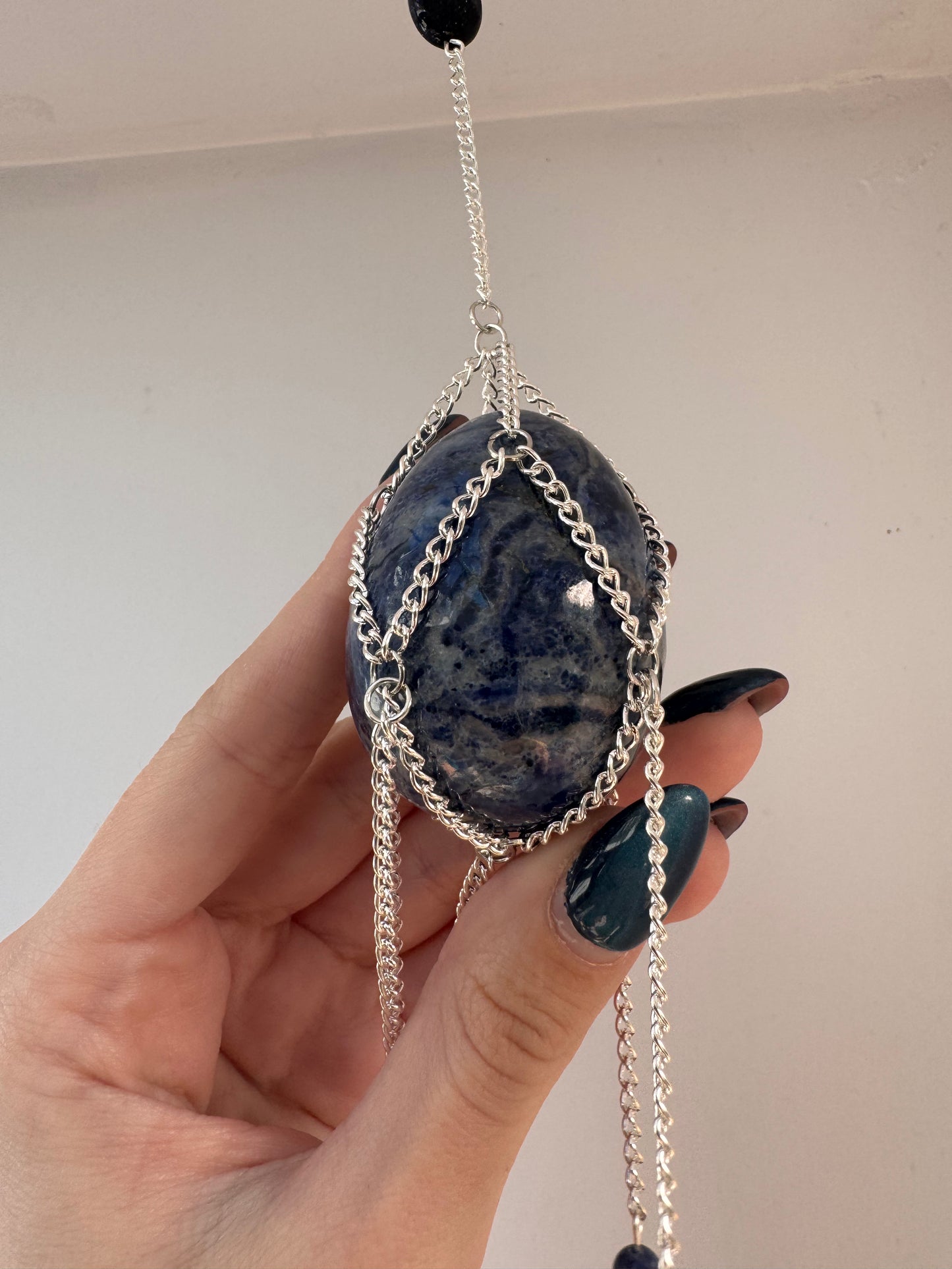 Sodalite Egg + Blue Lace Agate Suncatcher | Handmade Crystal Wall Hanging