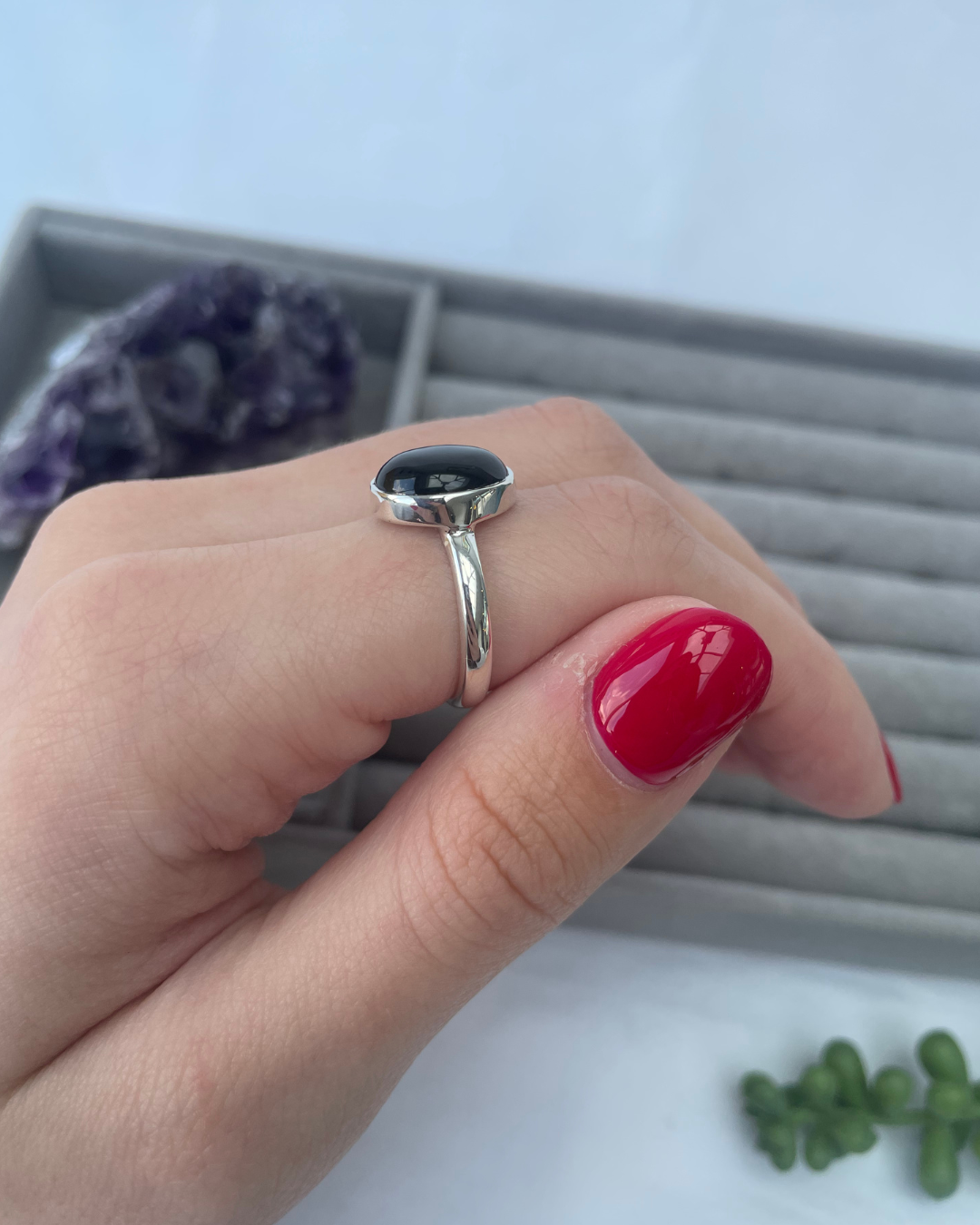 Whitby Jet Oval Sterling Silver Ring | N | 7