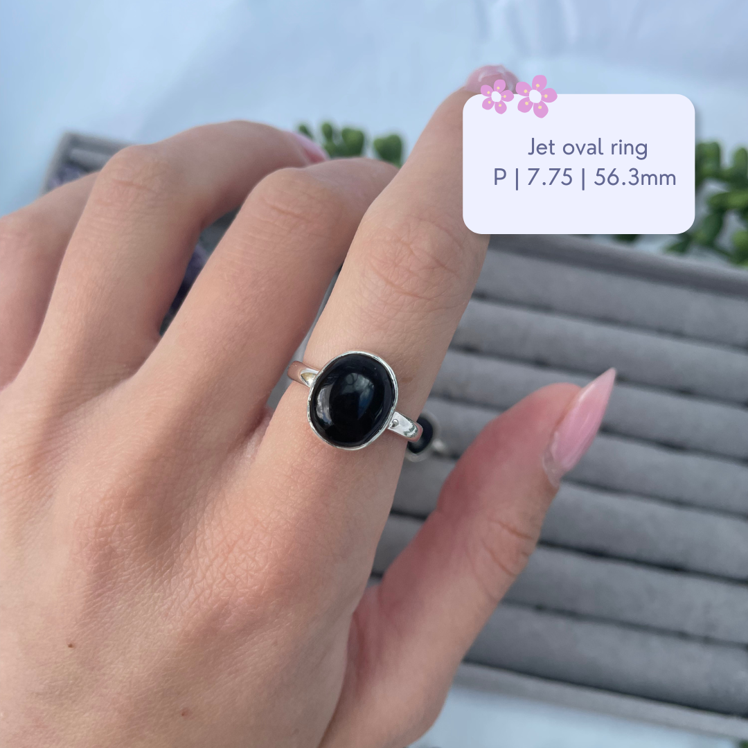 Whitby Jet Oval Sterling Silver Rings | P + Q | 7.75 + 8.25 | 56.3mm + 57.6mm