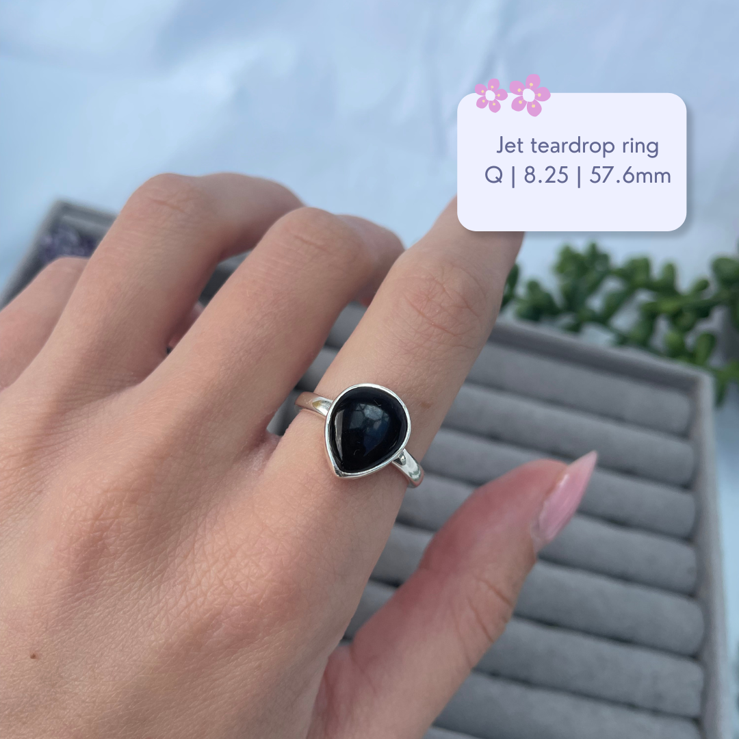 Whitby Jet Oval Sterling Silver Rings | P + Q | 7.75 + 8.25 | 56.3mm + 57.6mm