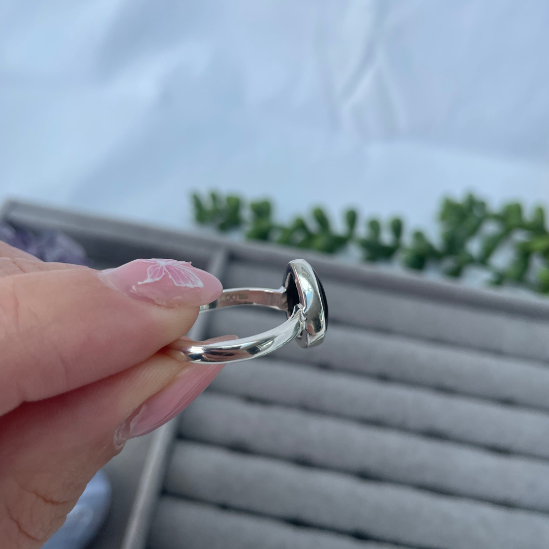 Whitby Jet Oval Sterling Silver Rings | P + Q | 7.75 + 8.25 | 56.3mm + 57.6mm