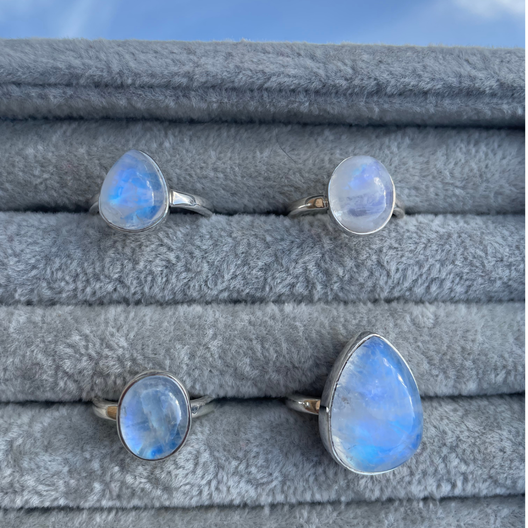 Rainbow Moonstone Sterling Silver Rings | L, O, Q