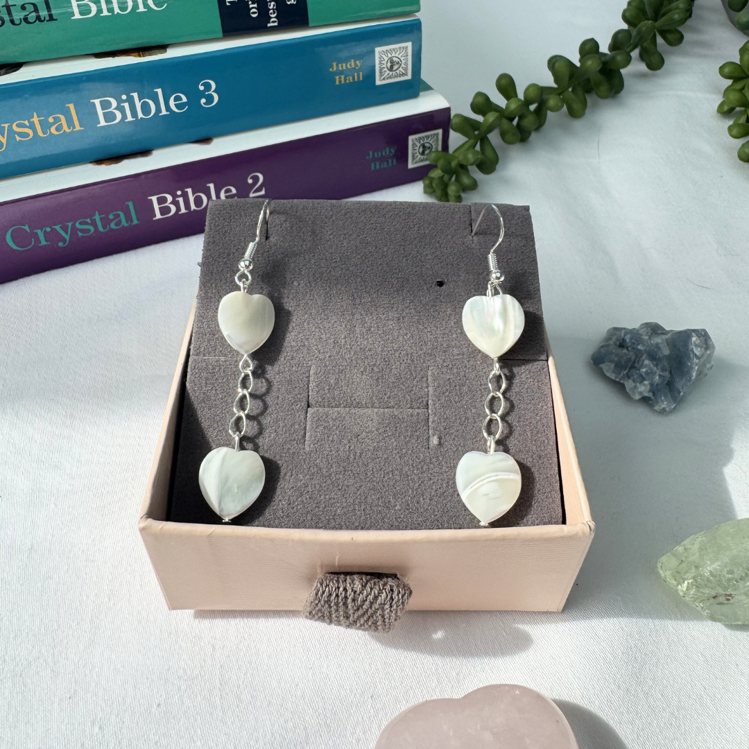 Mother of Pearl Heart Dangly Earrings | Handmade