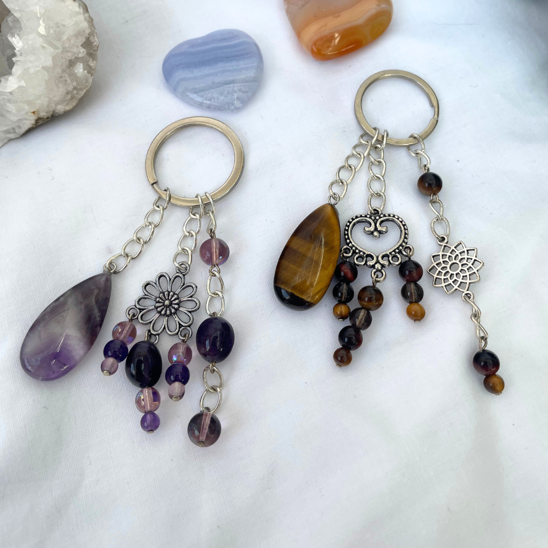 Amethyst + Tigers Eye Teardrop Keyrings | Handmade