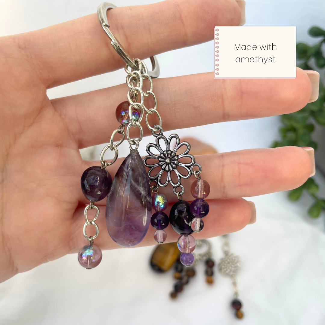 Amethyst + Tigers Eye Teardrop Keyrings | Handmade