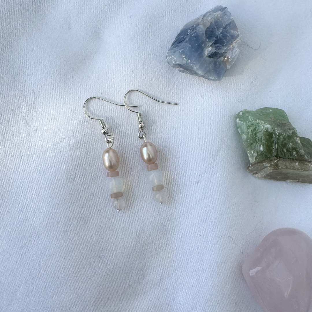 Pink Pastel Earrings | Handmade with Pearls + Pink Opal + Opalite + Rose Quartz