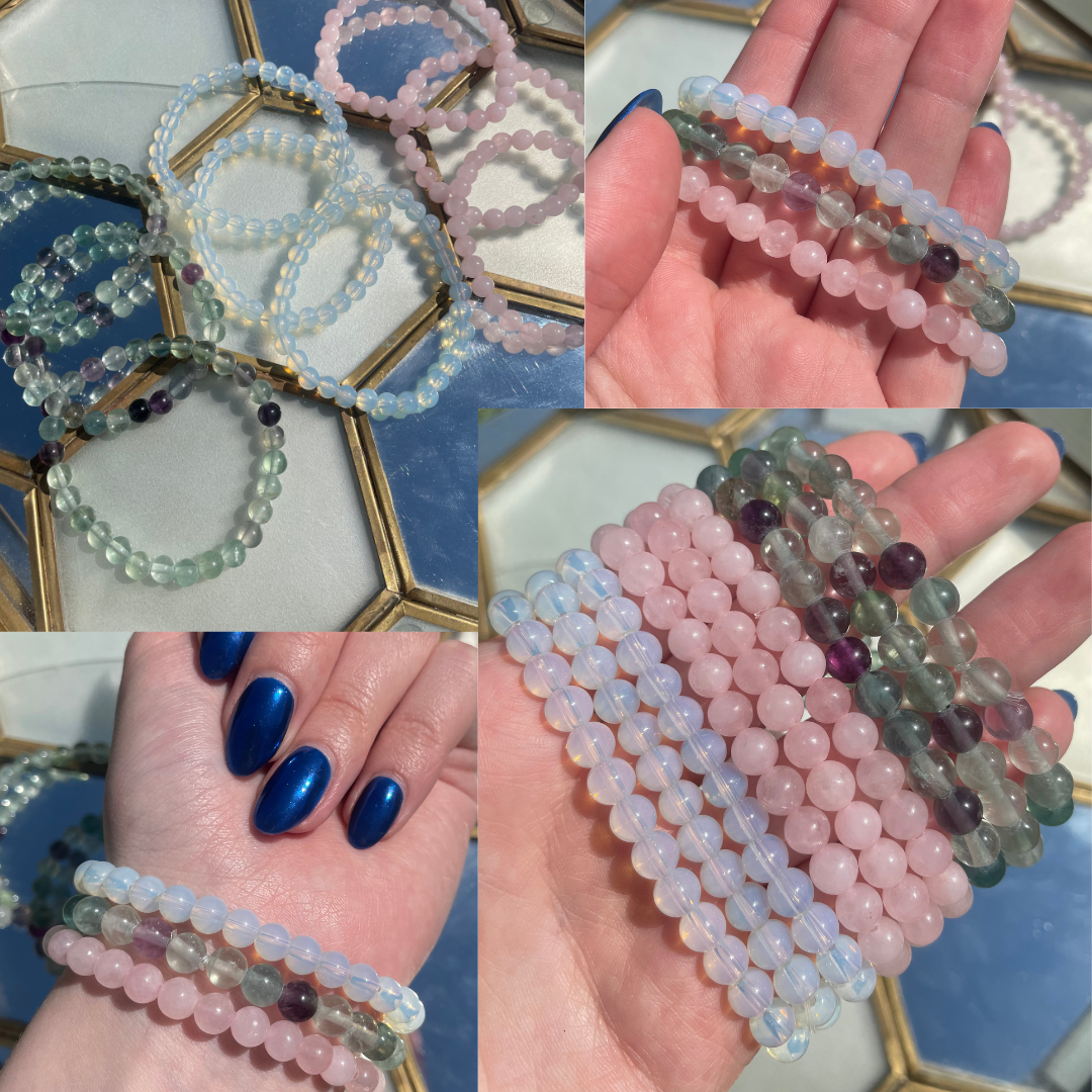 Crystal Bead Bracelets | Rose Quartz + Fluorite + Opalite | 6mm