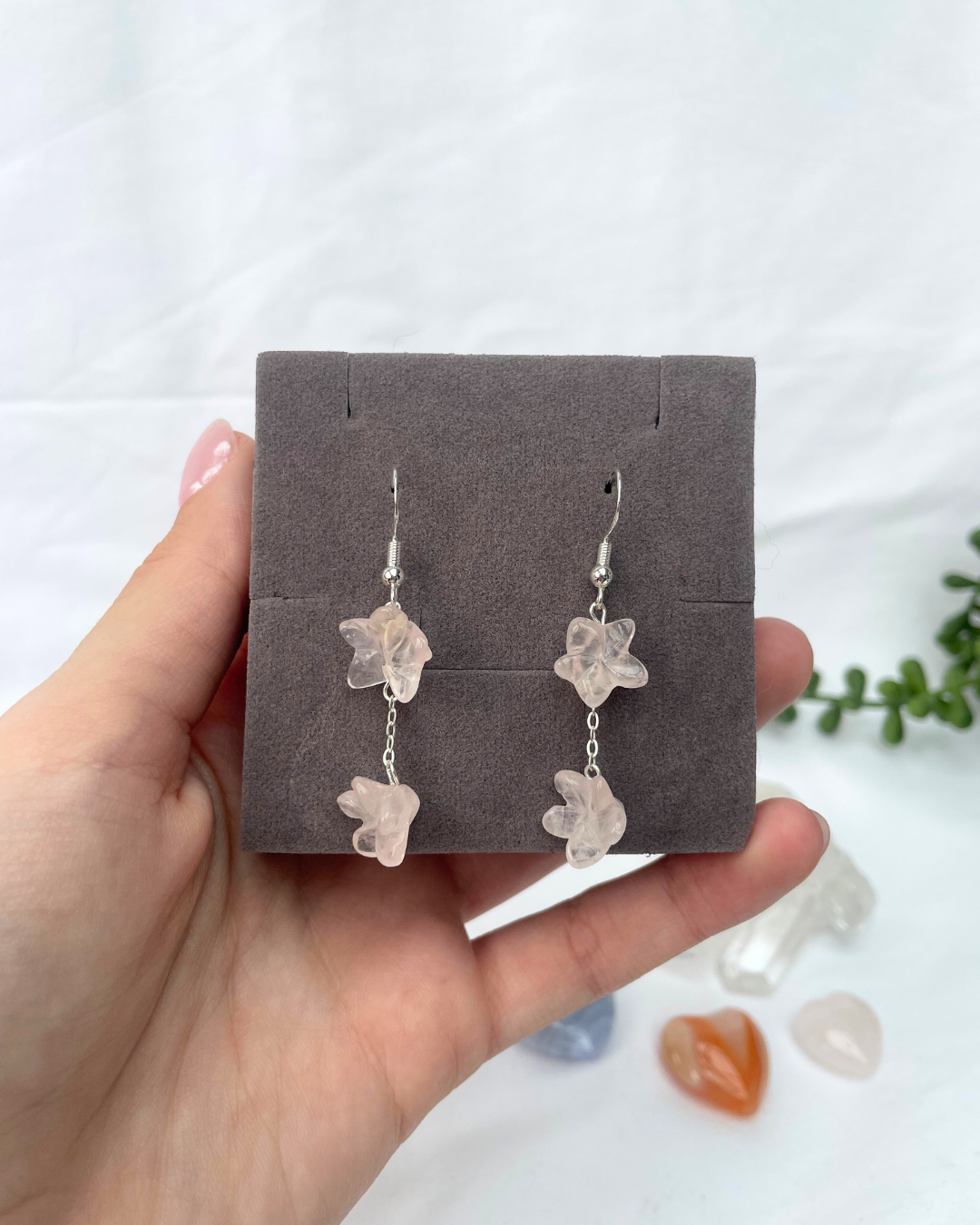 Rose Quartz Flower Dangly Earrings | Sterling Silver