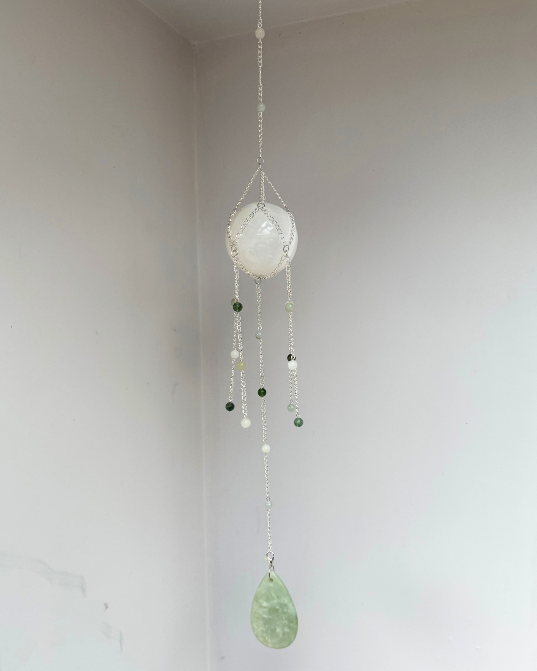 Selenite Sphere Suncatcher + Chinese Amazonite | Handmade Crystal Wall Hanging | Alternate Ending
