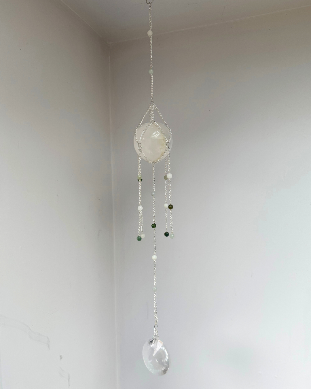 Selenite Sphere Suncatcher + Chinese Amazonite | Handmade Crystal Wall Hanging | Alternate Ending