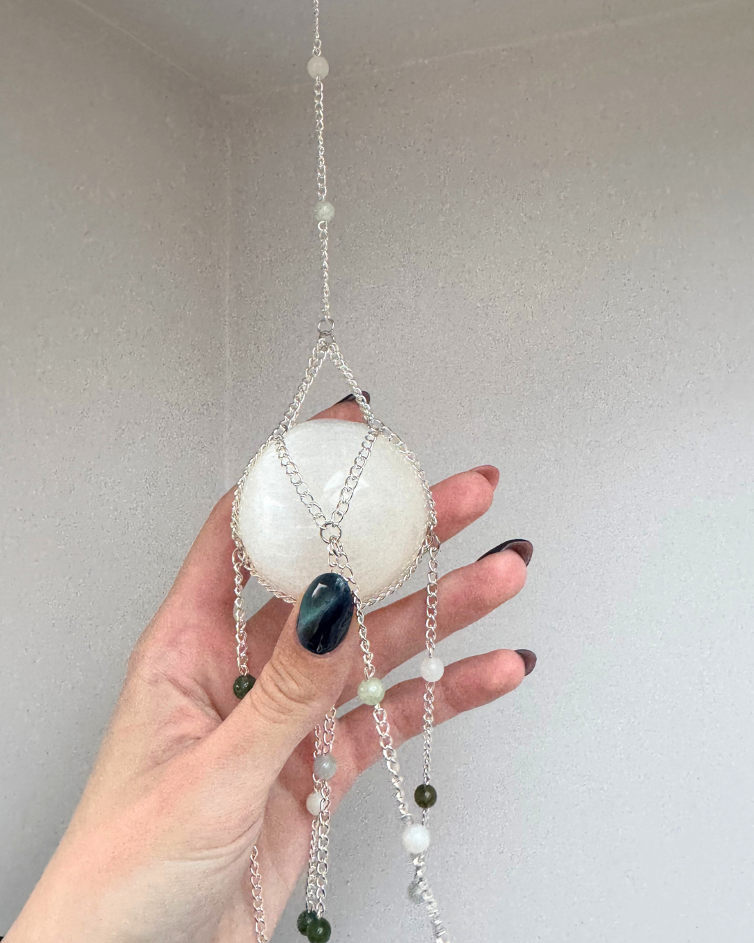 Selenite Sphere Suncatcher + Chinese Amazonite | Handmade Crystal Wall Hanging | Alternate Ending