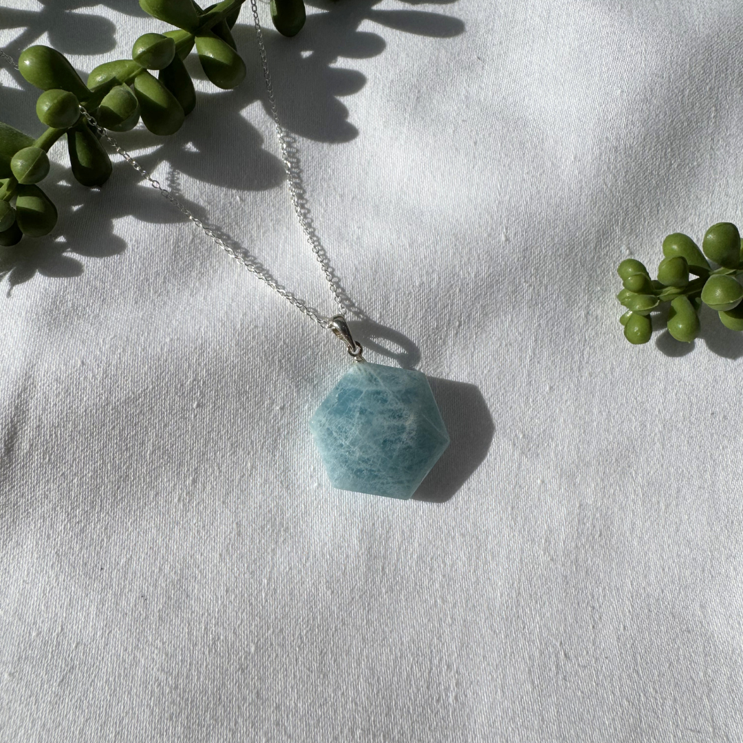 Aquamarine Faceted Hexagon Sterling Silver Necklace