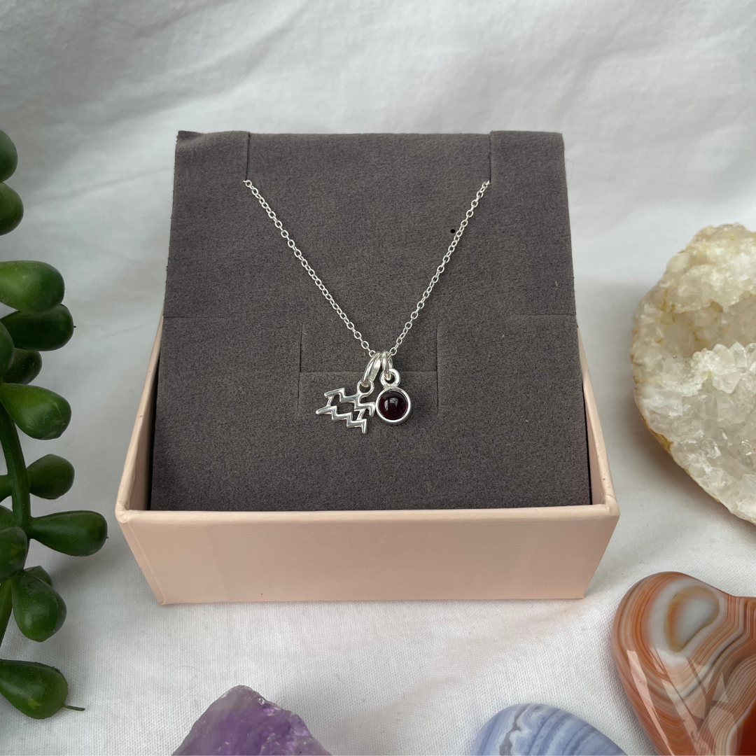 January Aquarius + Garnet Necklace | January Birthstone Zodiac Necklace | Sterling Silver | 18 Inch