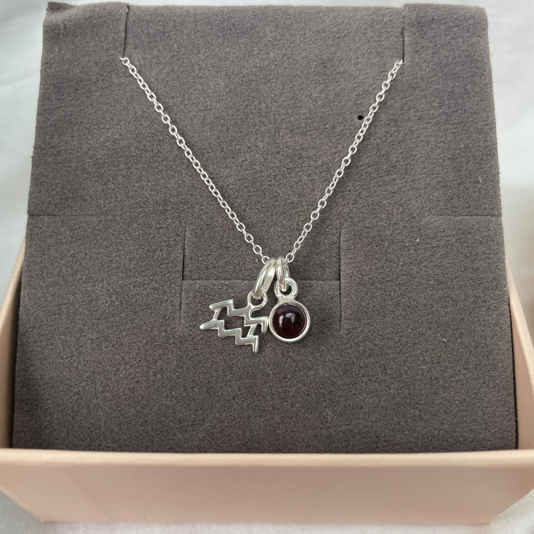 January Aquarius + Garnet Necklace | January Birthstone Zodiac Necklace | Sterling Silver | 18 Inch