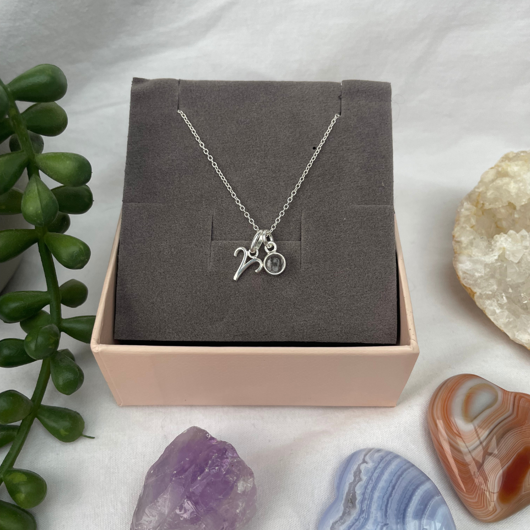 April Aries + Clear Quartz Necklace | April Birthstone Zodiac Necklace | Sterling Silver | 18 Inch