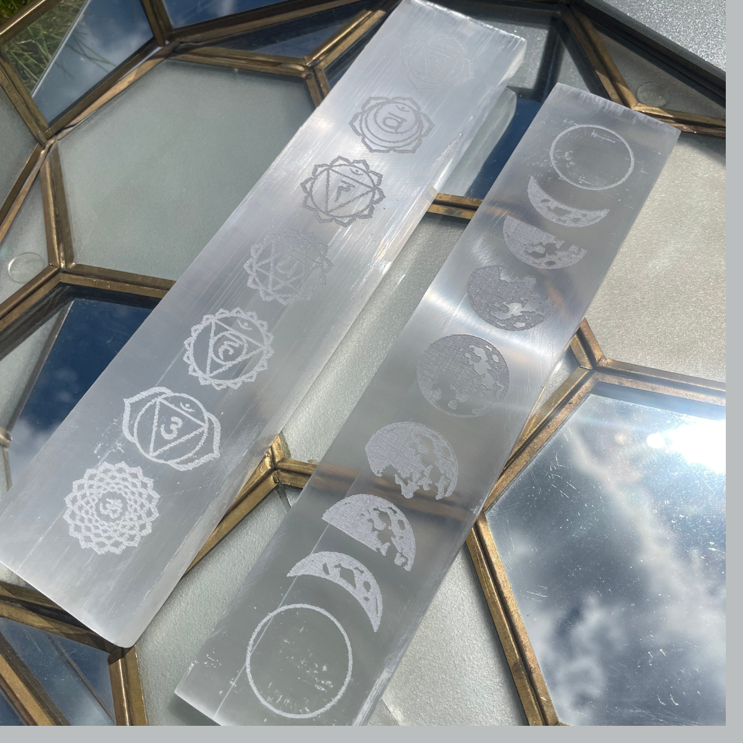 Selenite Engraved Charging Bars | Chakra | Moon Phases