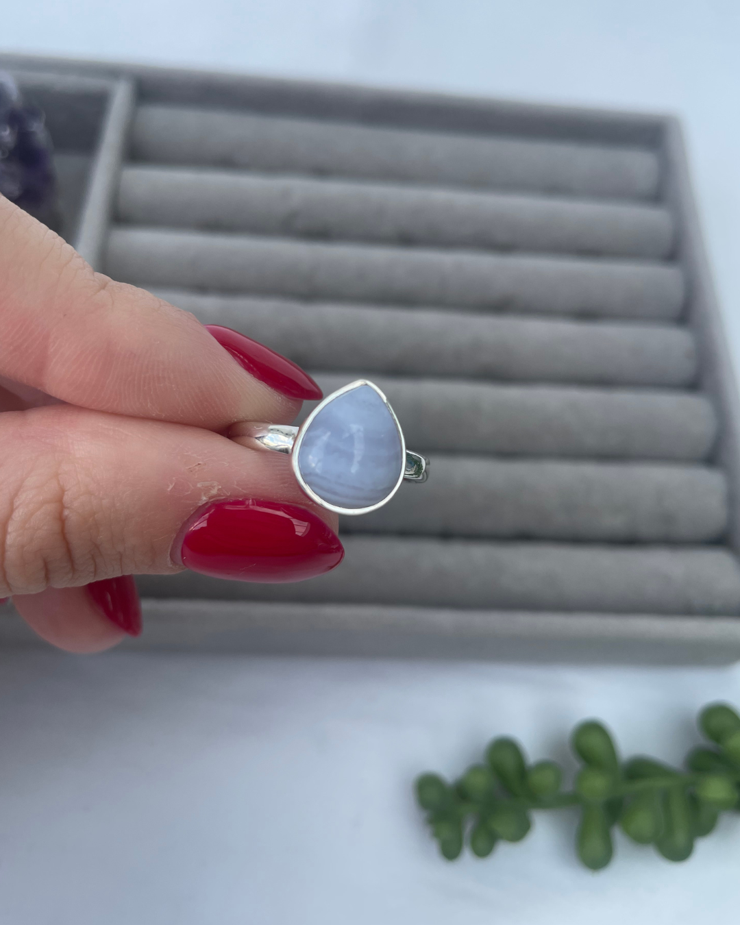 Blue Lace Agate Teardrop Sterling Silver Ring | Q | 8.5