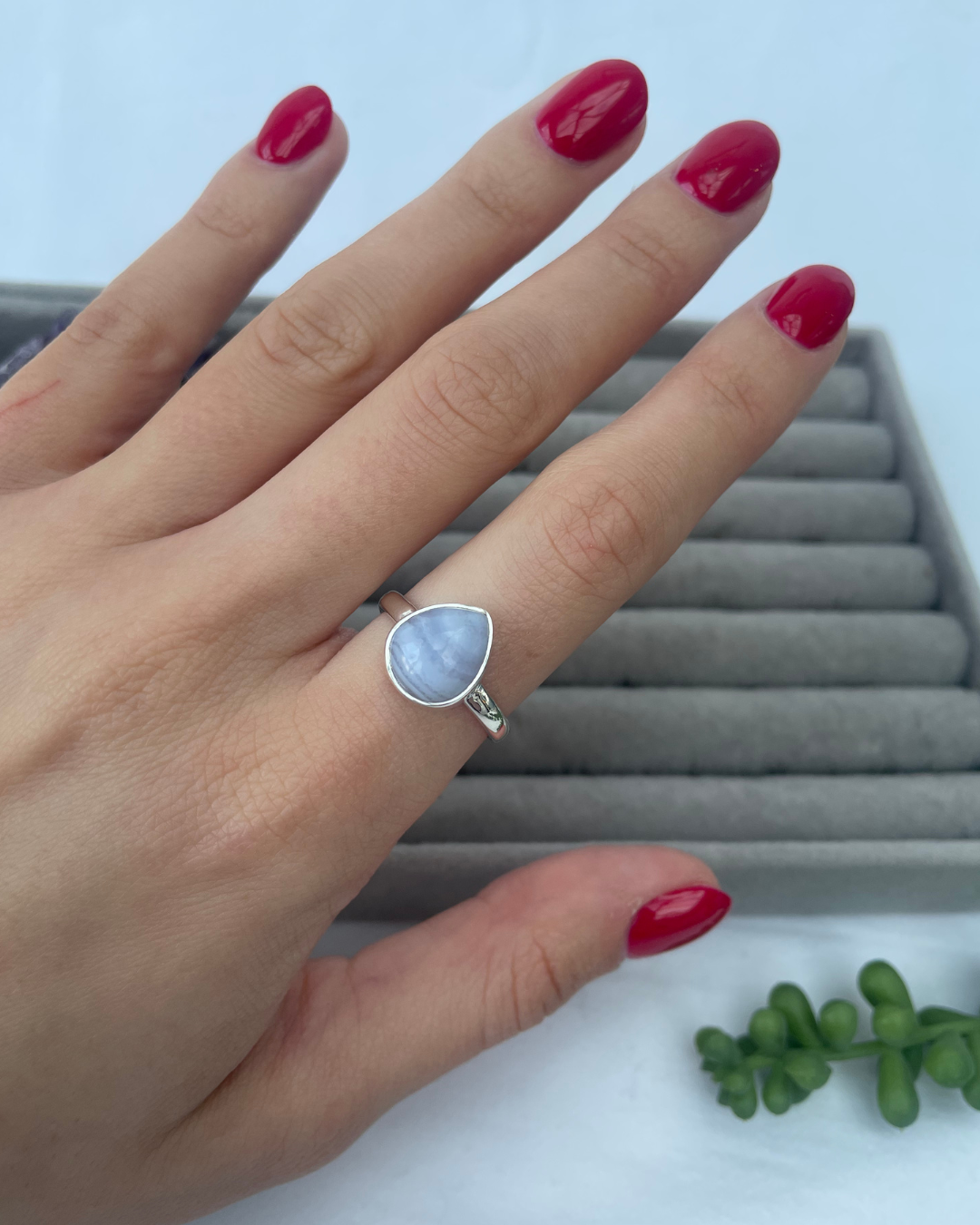 Blue Lace Agate Teardrop Sterling Silver Ring | Q | 8.5