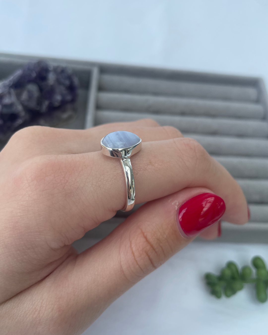 Blue Lace Agate Teardrop Sterling Silver Ring | Q | 8.5