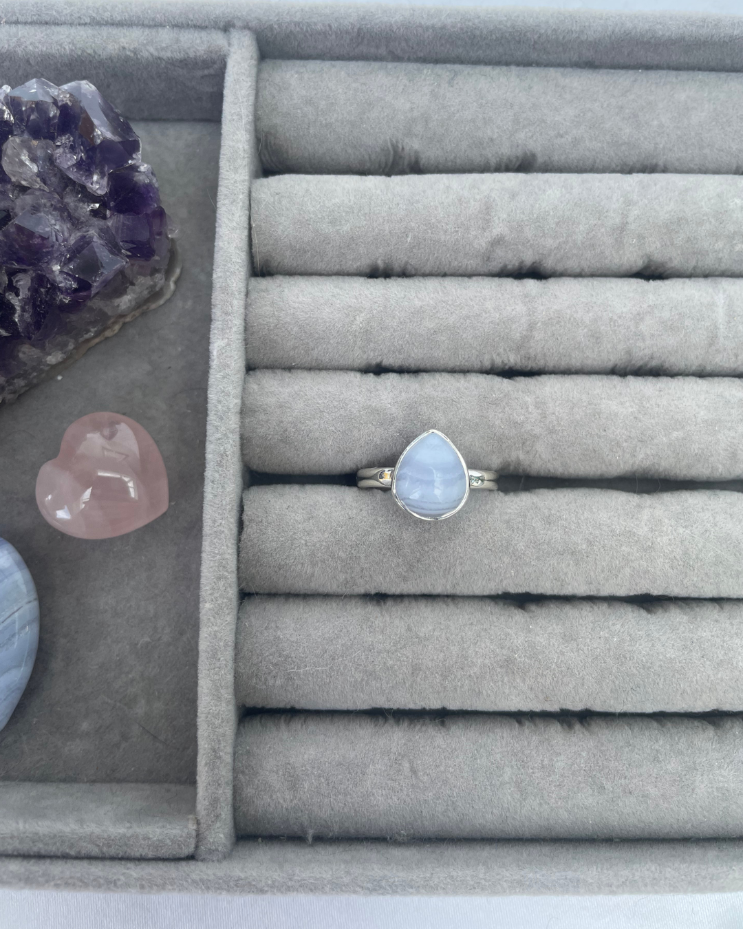 Blue Lace Agate Teardrop Sterling Silver Ring | Q | 8.5