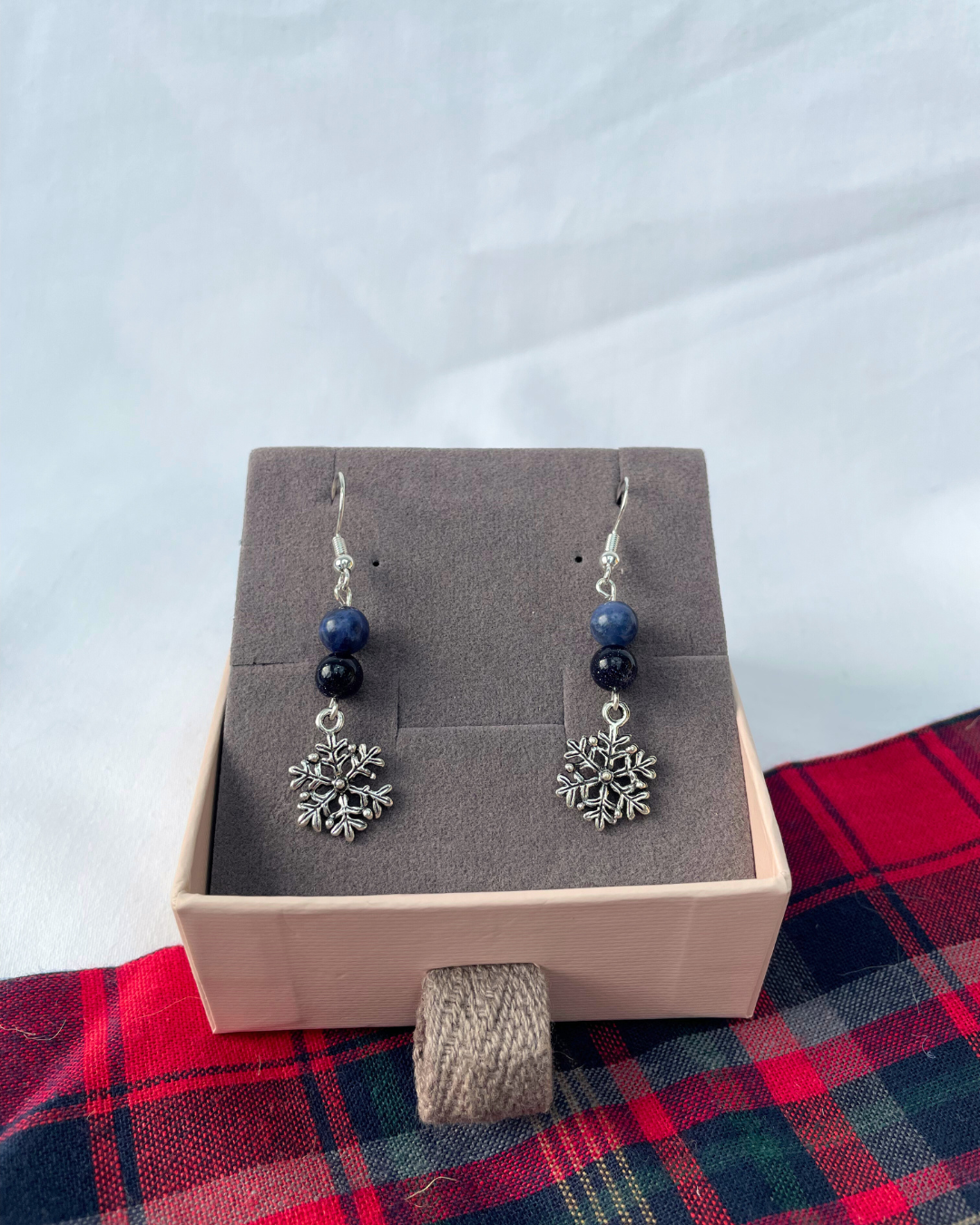Sodalite + Goldstone Snowflake Earrings | Sterling Silver Handmade Crystal Earrings