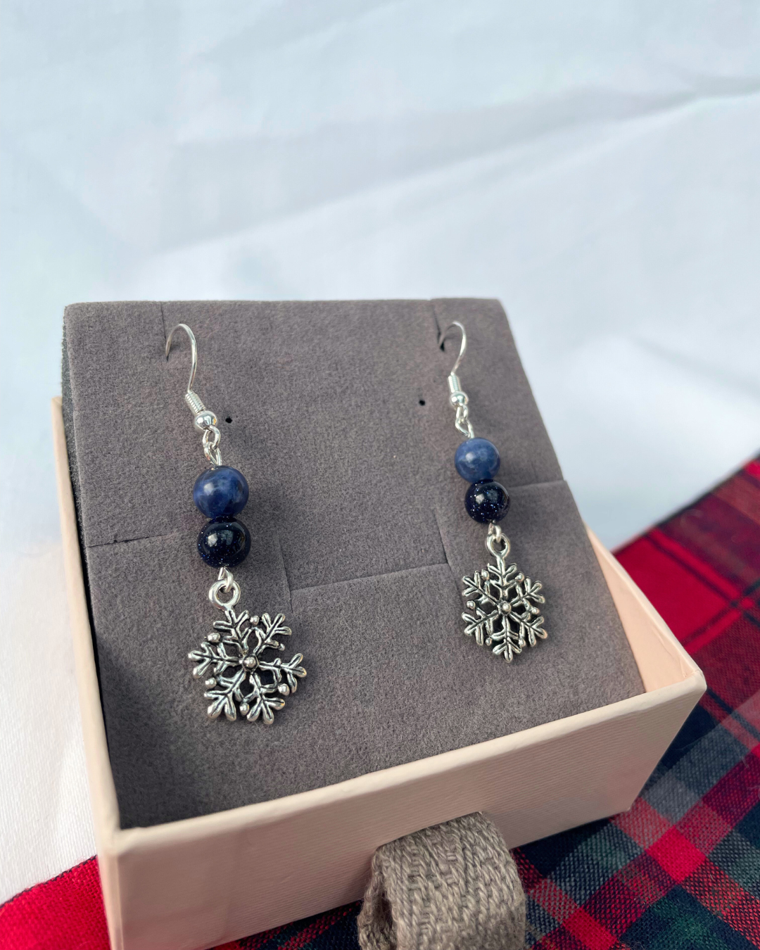 Sodalite + Goldstone Snowflake Earrings | Sterling Silver Handmade Crystal Earrings