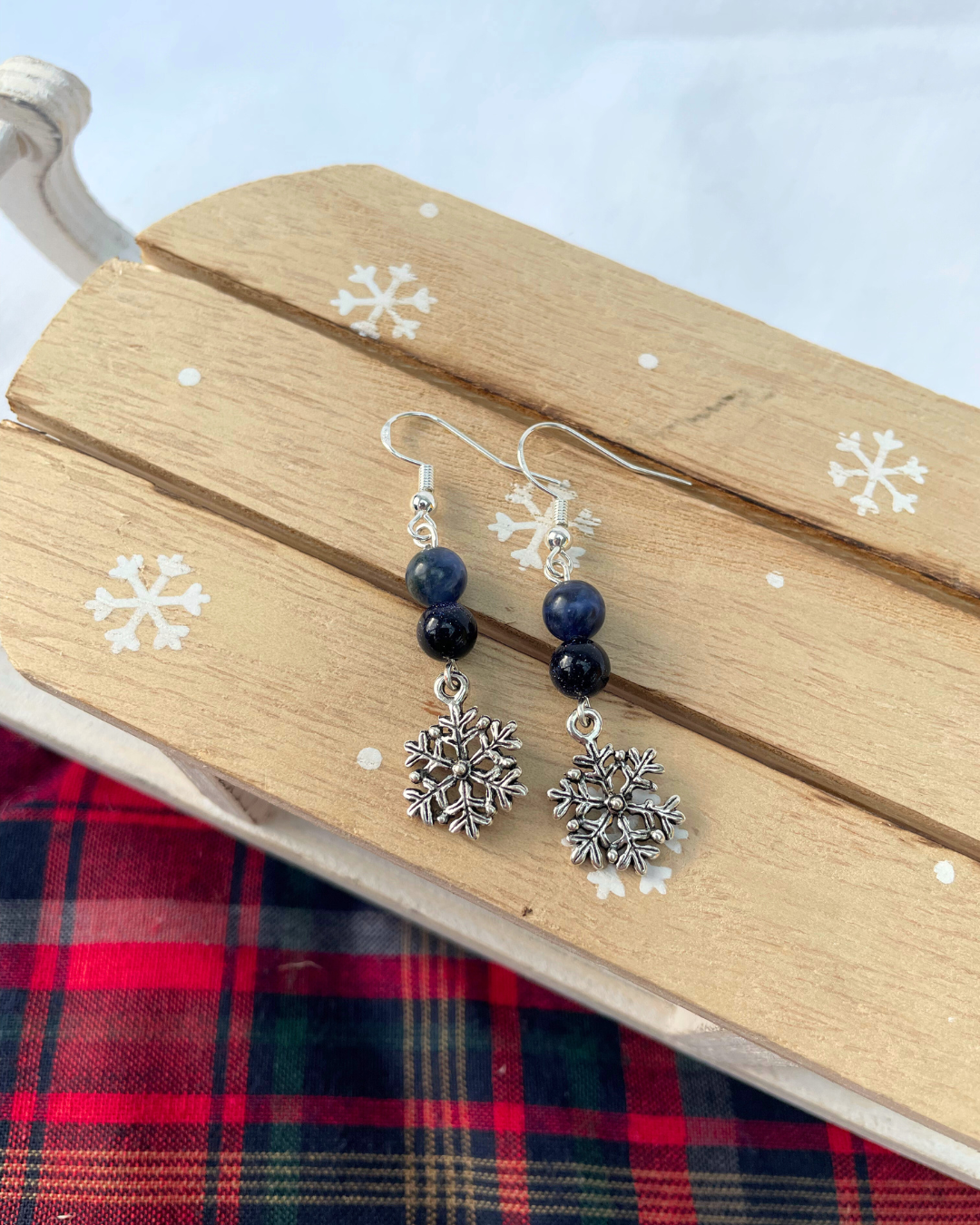 Sodalite + Goldstone Snowflake Earrings | Sterling Silver Handmade Crystal Earrings