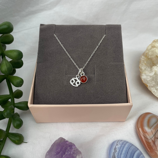 July Cancer + Carnelian Necklace | July Birthstone Zodiac Necklace | Sterling Silver | 18 Inch