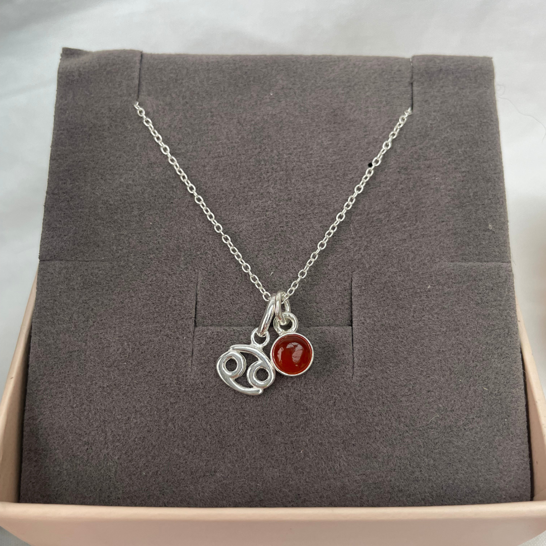 July Cancer + Carnelian Necklace | July Birthstone Zodiac Necklace | Sterling Silver | 18 Inch