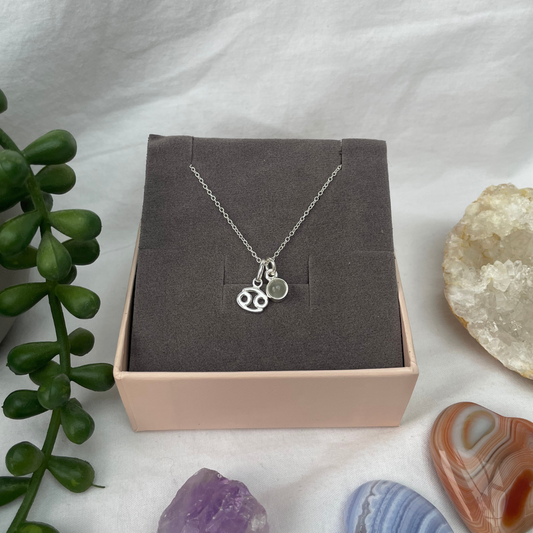 June Cancer + Moonstone Necklace | June Birthstone Zodiac Necklace | Sterling Silver | 18 Inch