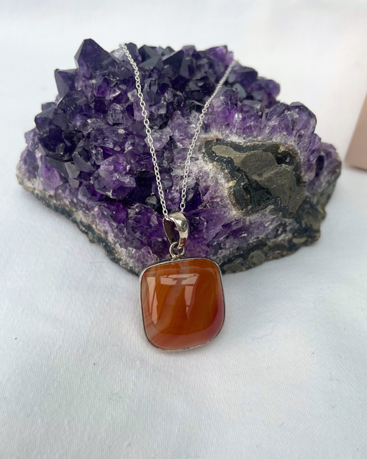 Carnelian Square Necklace | Sterling Silver Pendant + 18 Inch Sterling Silver Chain