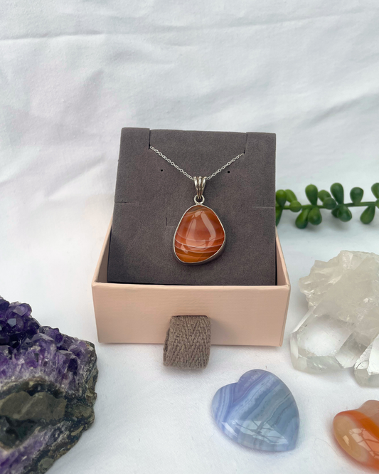 Carnelian Oval Necklace | Sterling Silver Pendant + 18 Inch Sterling Silver Chain