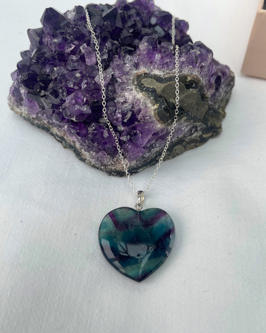 Fluorite A+ Grade Heart Necklace | Sterling Silver Pendant + 18 Inch Sterling Silver Chain