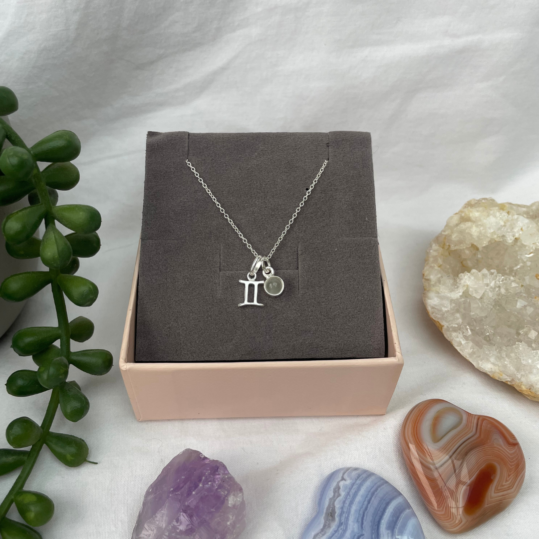 June Gemini + Moonstone Necklace | June Birthstone Zodiac Necklace | Sterling Silver | 18 Inch