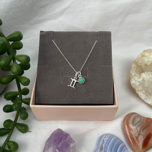 May Gemini + Chrysoprase Necklace | May Birthstone Zodiac Necklace | Sterling Silver | 18 Inch