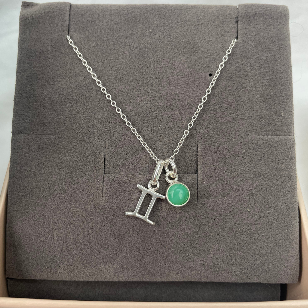 May Gemini + Chrysoprase Necklace | May Birthstone Zodiac Necklace | Sterling Silver | 18 Inch