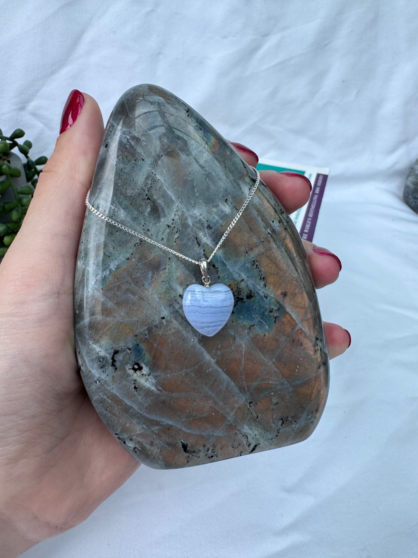 Blue Lace Agate Heart Sterling Silver Necklace