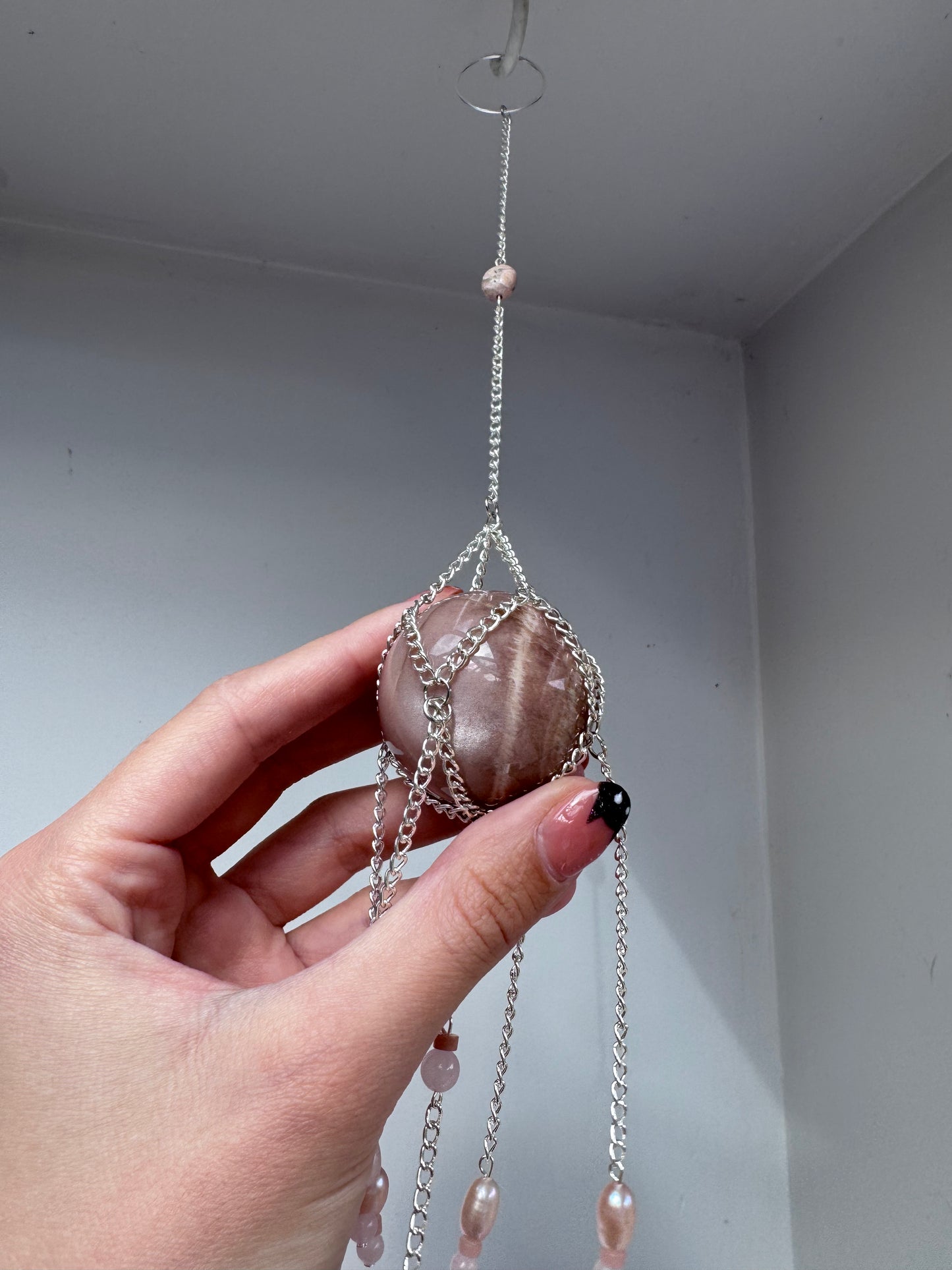 Peach Moonstone Pearly Suncatcher | Handmade Crystal Wall Hanging