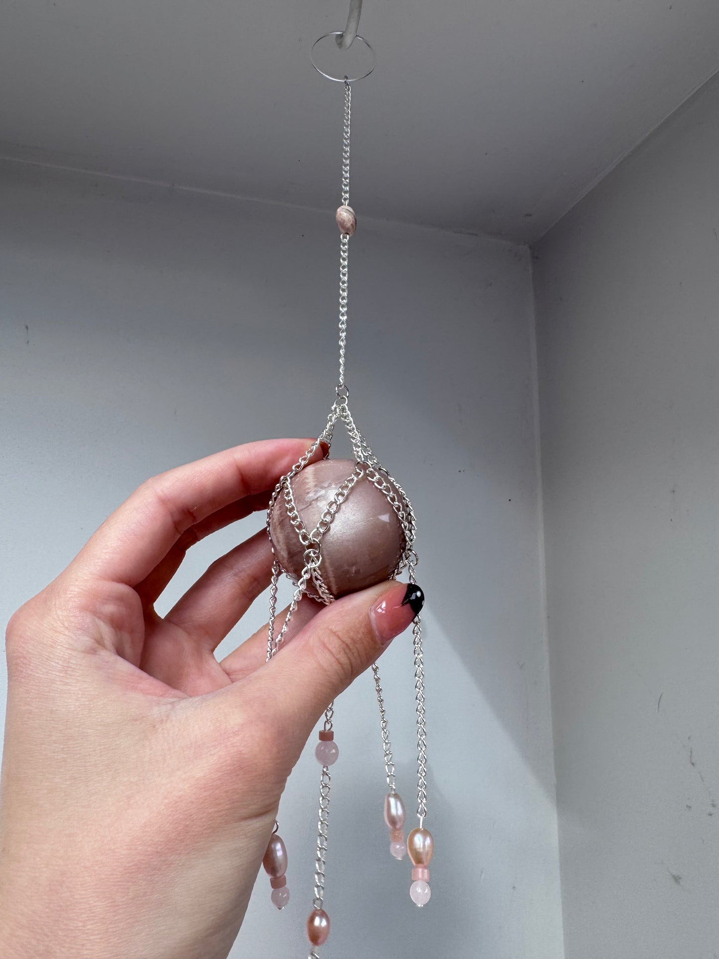 Peach Moonstone Pearly Suncatcher | Handmade Crystal Wall Hanging