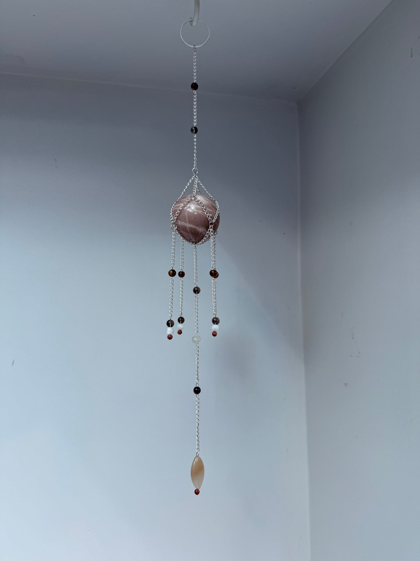 Peach Moonstone + Smoky Quartz Suncatcher | Handmade Crystal Wall Hanging