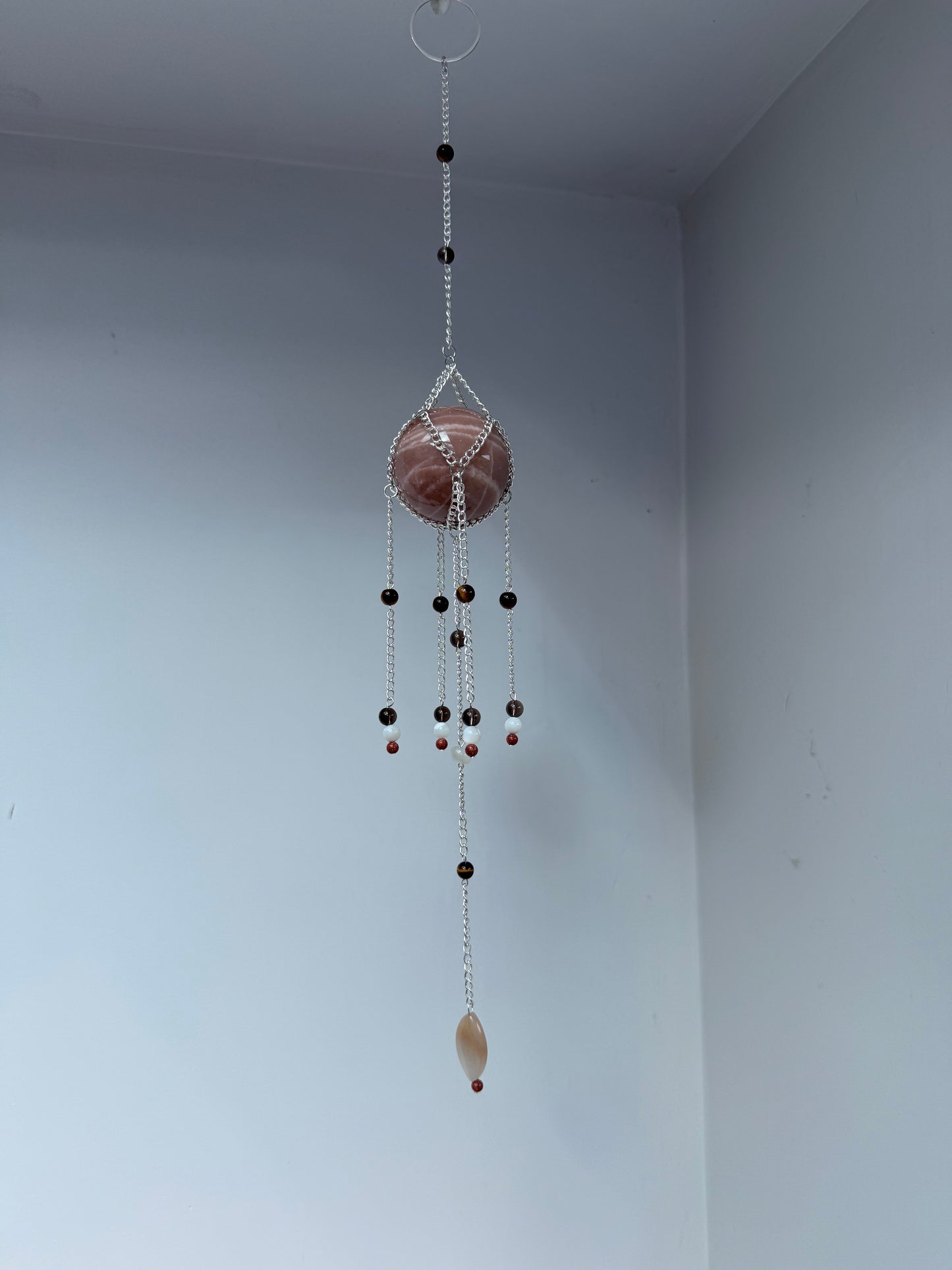 Peach Moonstone + Smoky Quartz Suncatcher | Handmade Crystal Wall Hanging
