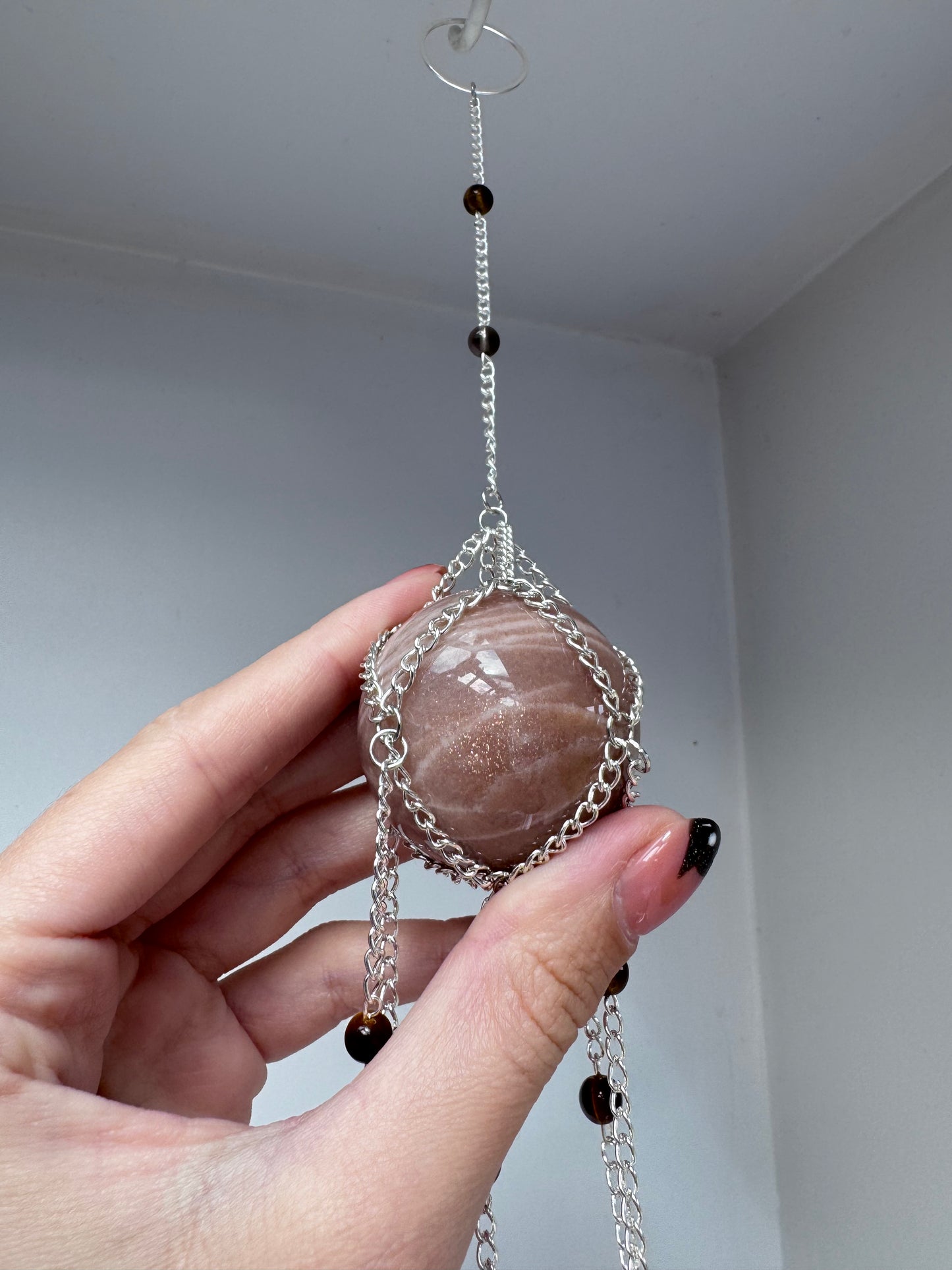 Peach Moonstone + Smoky Quartz Suncatcher | Handmade Crystal Wall Hanging