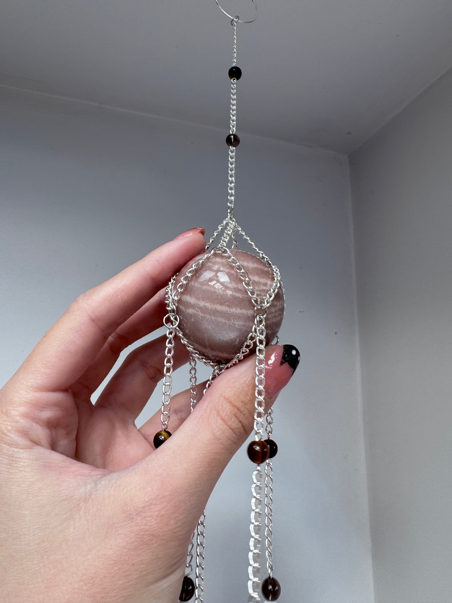 Peach Moonstone + Smoky Quartz Suncatcher | Handmade Crystal Wall Hanging