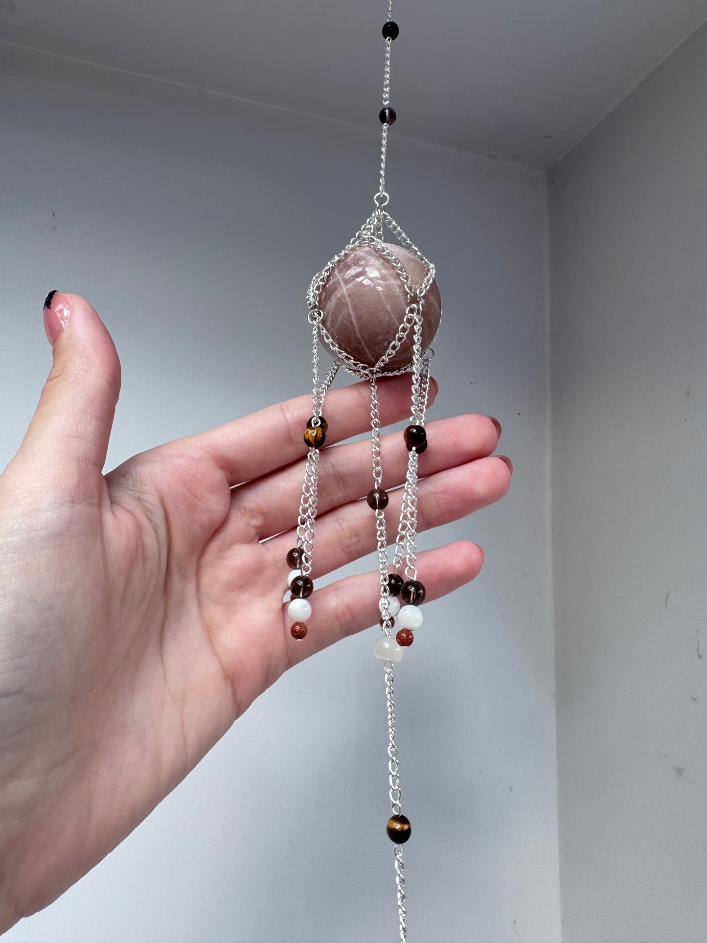 Peach Moonstone + Smoky Quartz Suncatcher | Handmade Crystal Wall Hanging