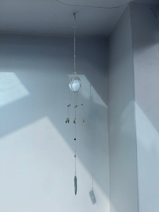 Selenite Egg + Aventurine Suncatcher | Handmade Crystal Wall Hanging